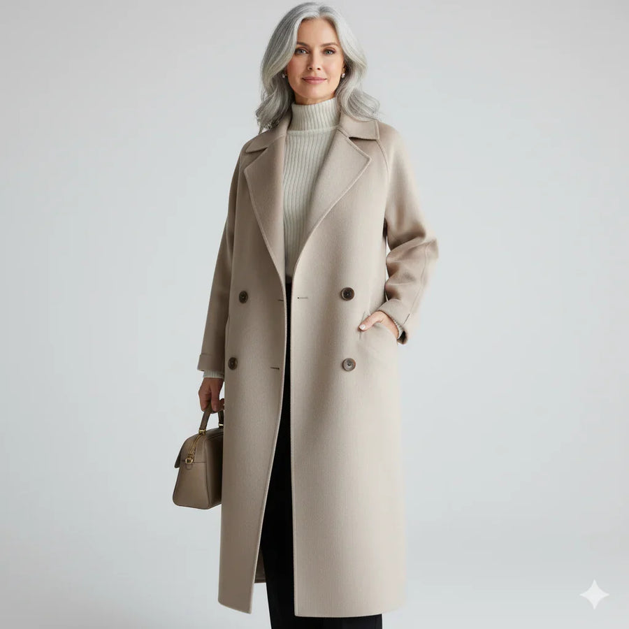 Women's Long Double Breasted Pea Coat with Notch Lapel and Side Pockets