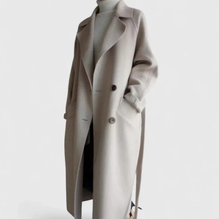 Women's Long Double Breasted Pea Coat with Notch Lapel and Side Pockets