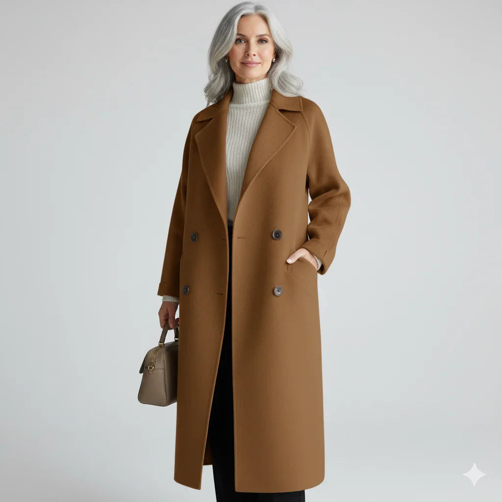 Women's Long Double Breasted Pea Coat with Notch Lapel and Side Pockets