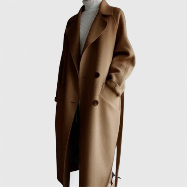 Women's Long Double Breasted Pea Coat with Notch Lapel and Side Pockets