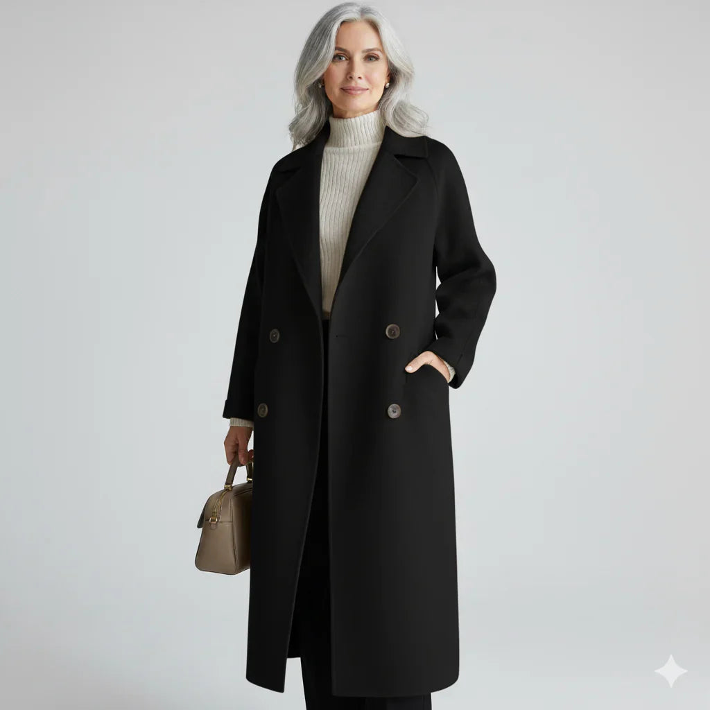 Women's Long Double Breasted Pea Coat with Notch Lapel and Side Pockets