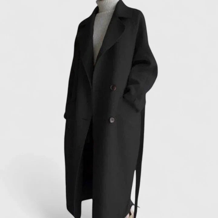 Women's Long Double Breasted Pea Coat with Notch Lapel and Side Pockets
