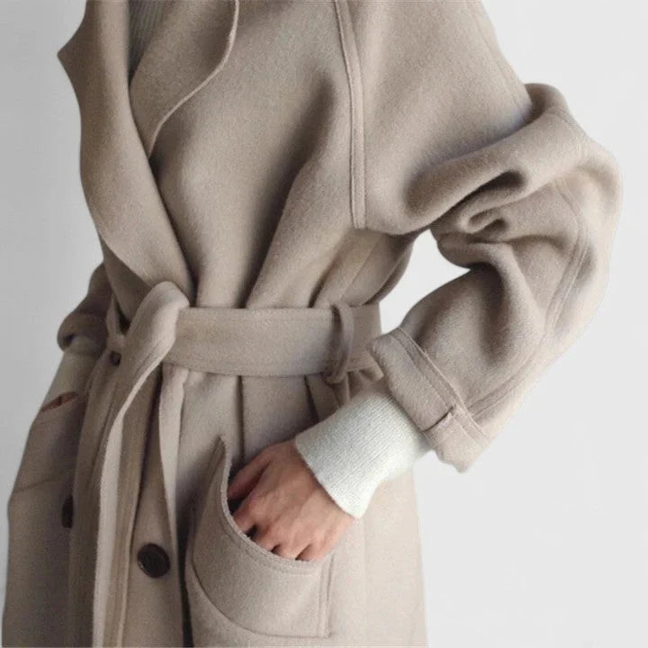 Women's Long Double Breasted Pea Coat with Notch Lapel and Side Pockets