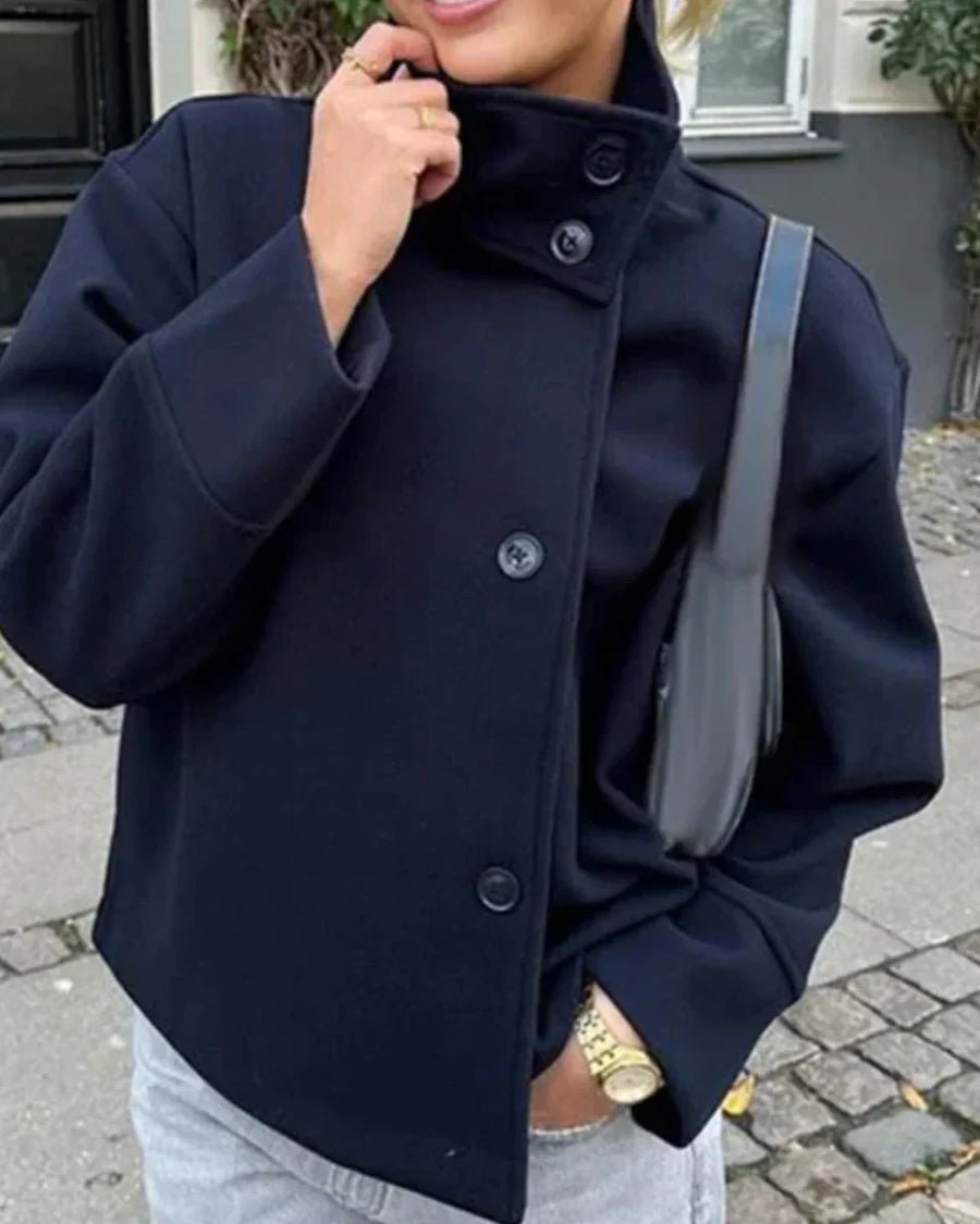 Women's Cropped Pea Coat with Stand Collar and Button Front