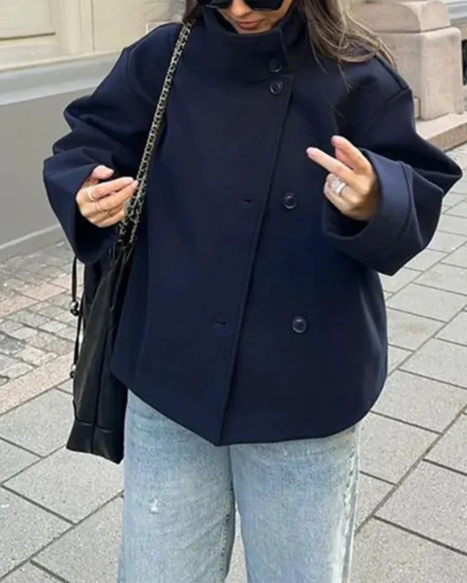 Women's Cropped Pea Coat with Stand Collar and Button Front