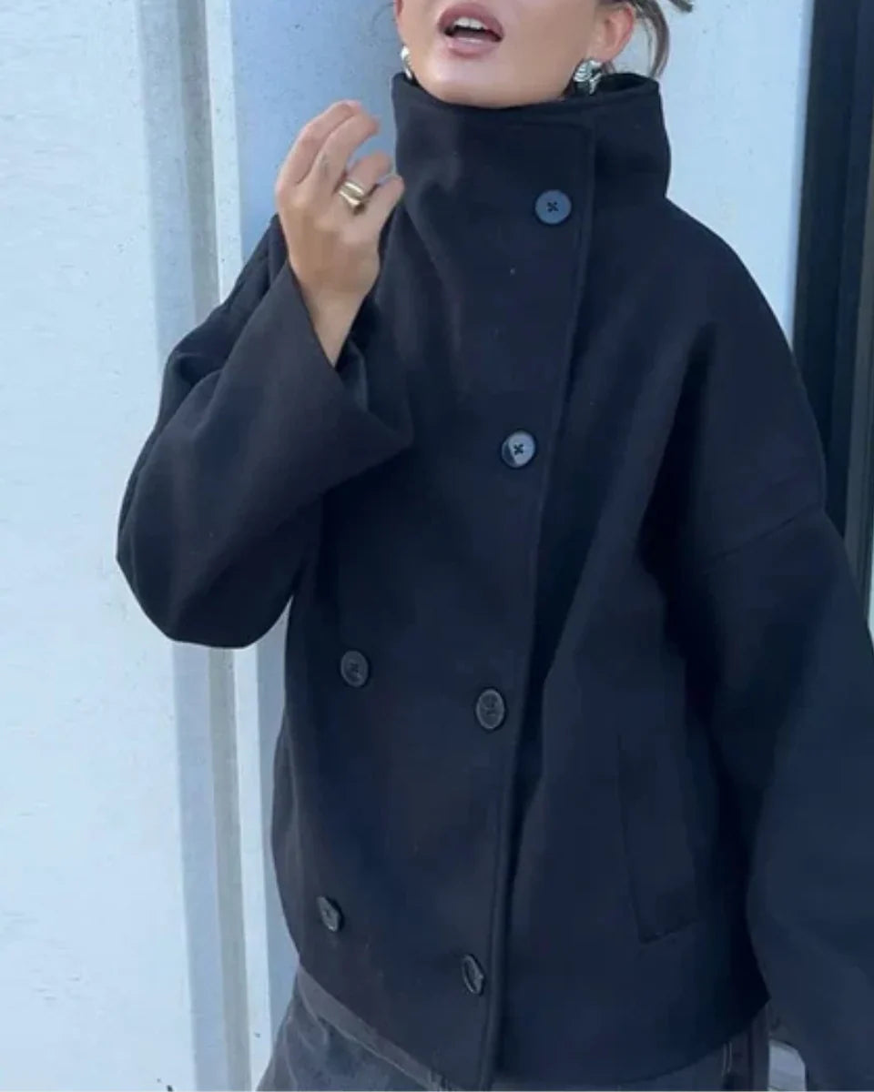Women's Cropped Pea Coat with Stand Collar and Button Front