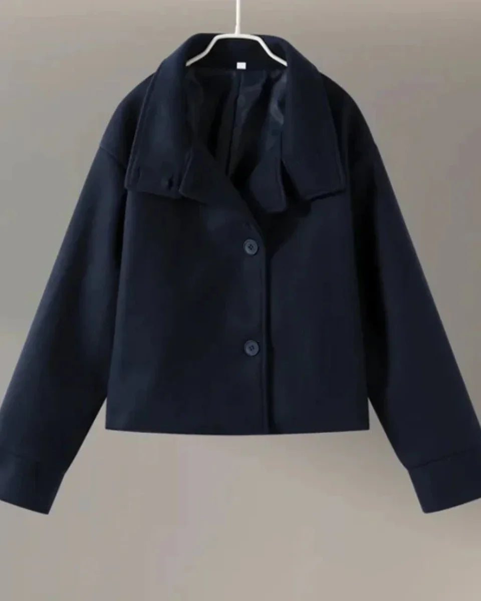 Women's Cropped Pea Coat with Stand Collar and Button Front