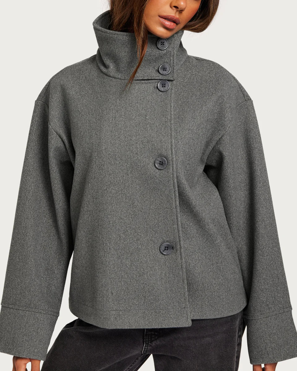 Women's Cropped Pea Coat with Stand Collar and Button Front