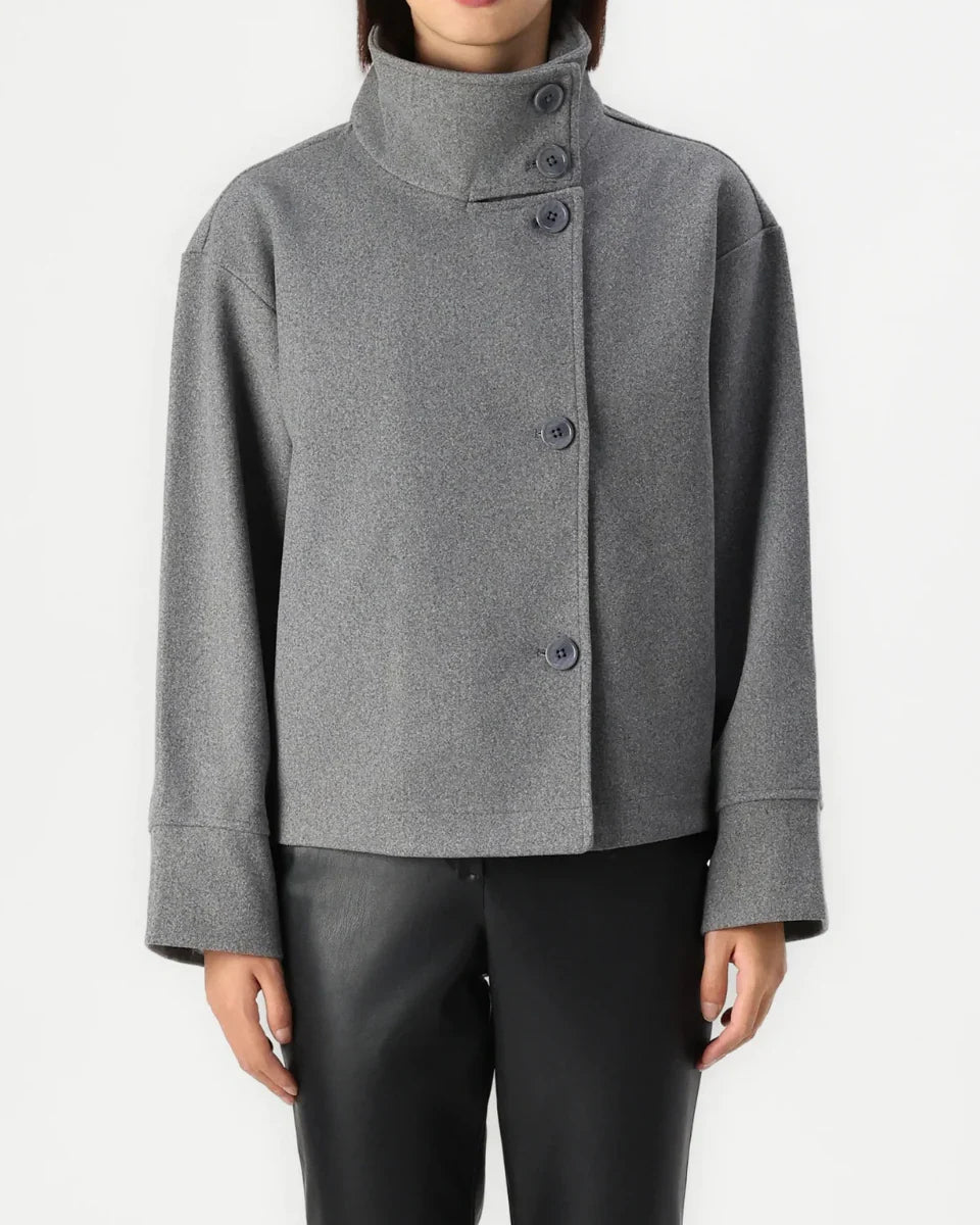 Women's Cropped Pea Coat with Stand Collar and Button Front