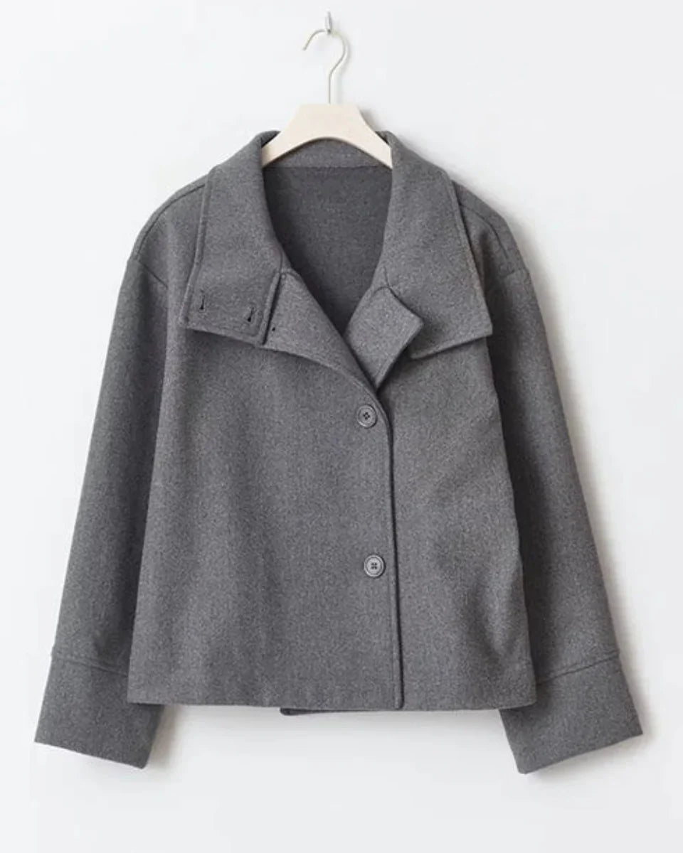 Women's Cropped Pea Coat with Stand Collar and Button Front