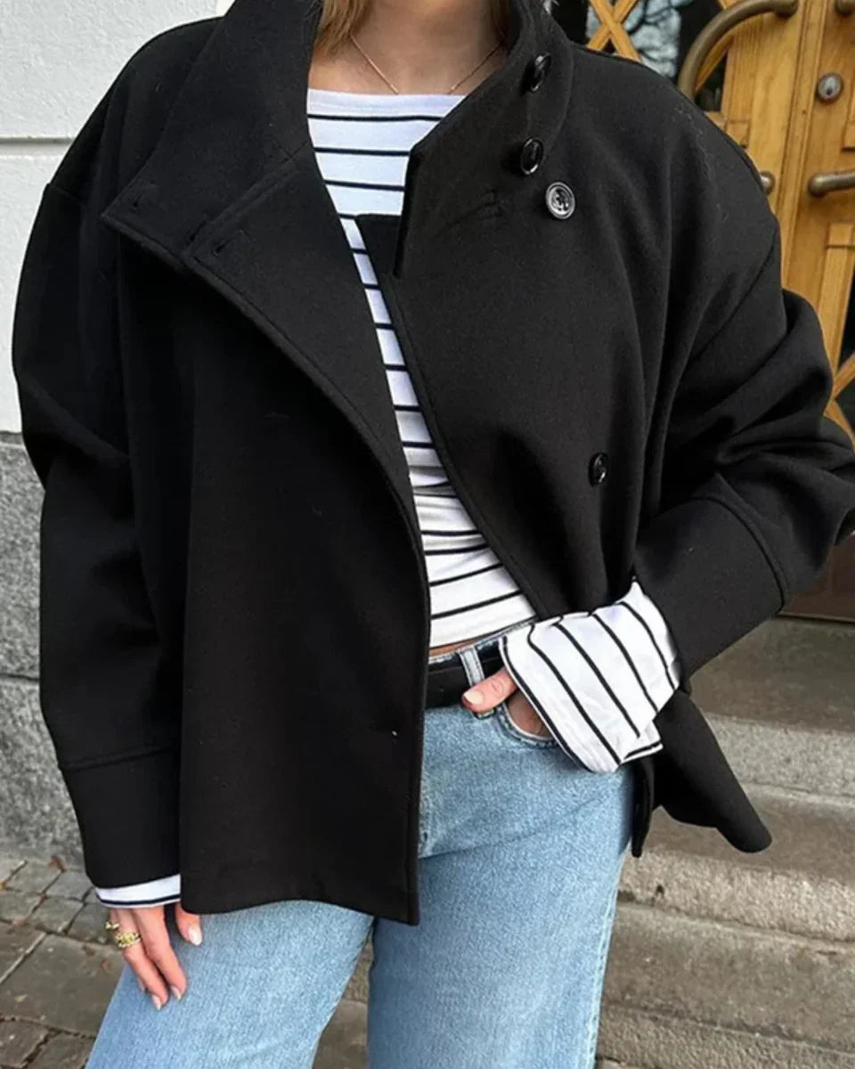 Women's Cropped Pea Coat with Stand Collar and Button Front