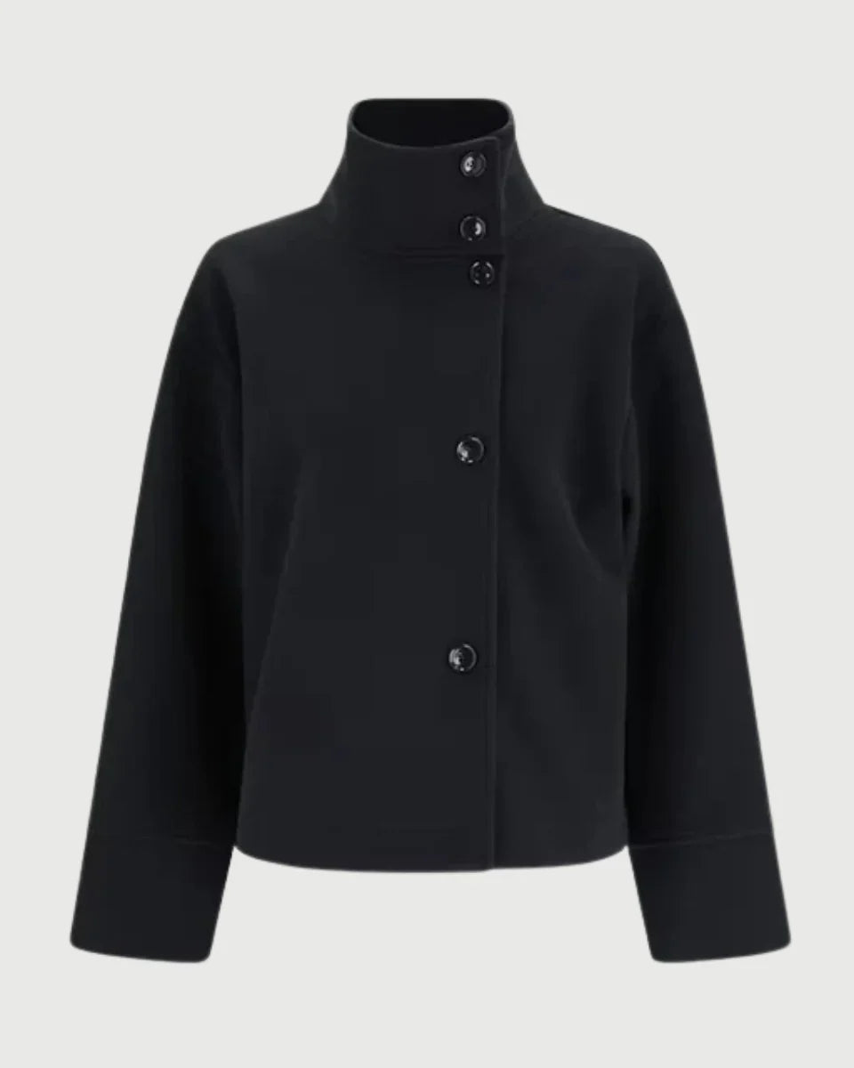 Women's Cropped Pea Coat with Stand Collar and Button Front
