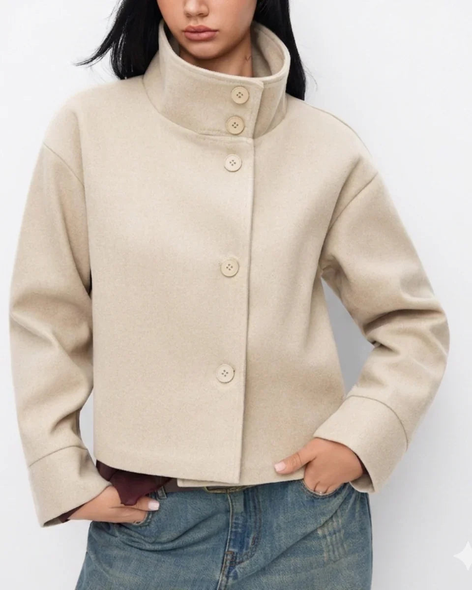 Women's Cropped Pea Coat with Stand Collar and Button Front