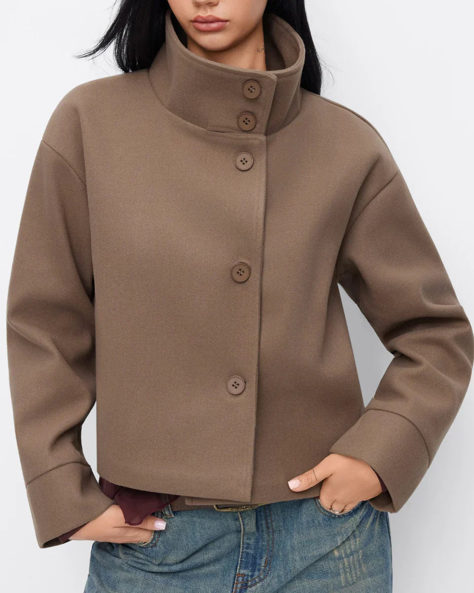 Women's Cropped Pea Coat with Stand Collar and Button Front