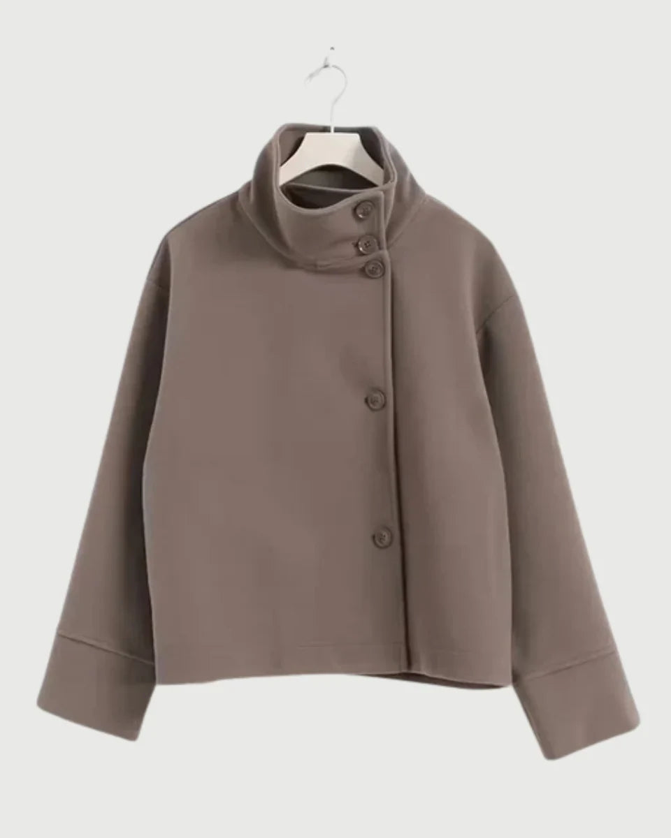 Women's Cropped Pea Coat with Stand Collar and Button Front