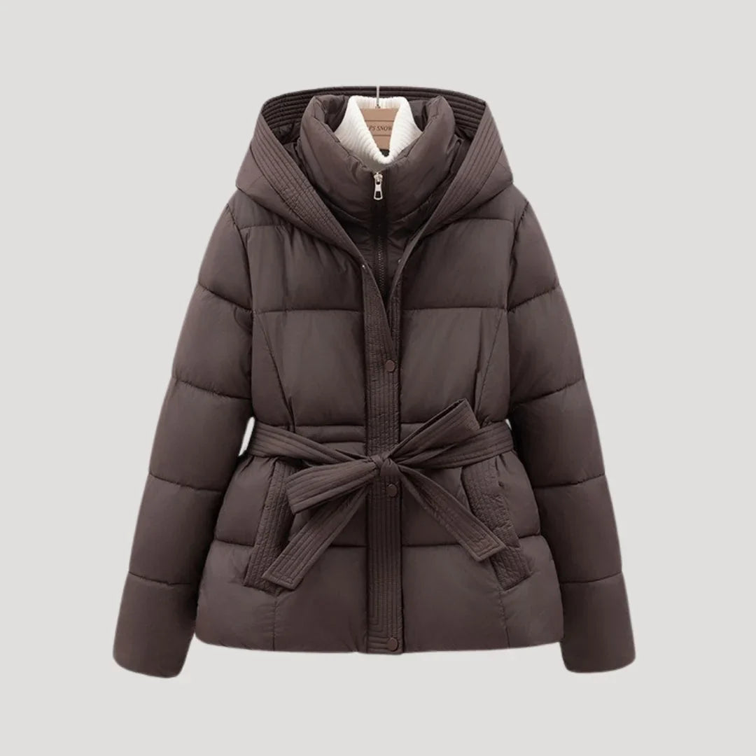 Women's Hooded Quilted Puffer Jacket with Belt and Zip Front