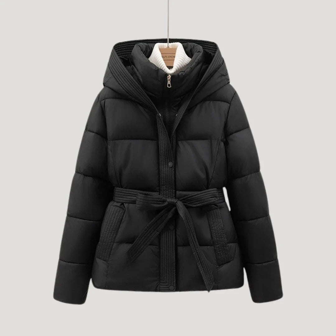 Women's Hooded Quilted Puffer Jacket with Belt and Zip Front