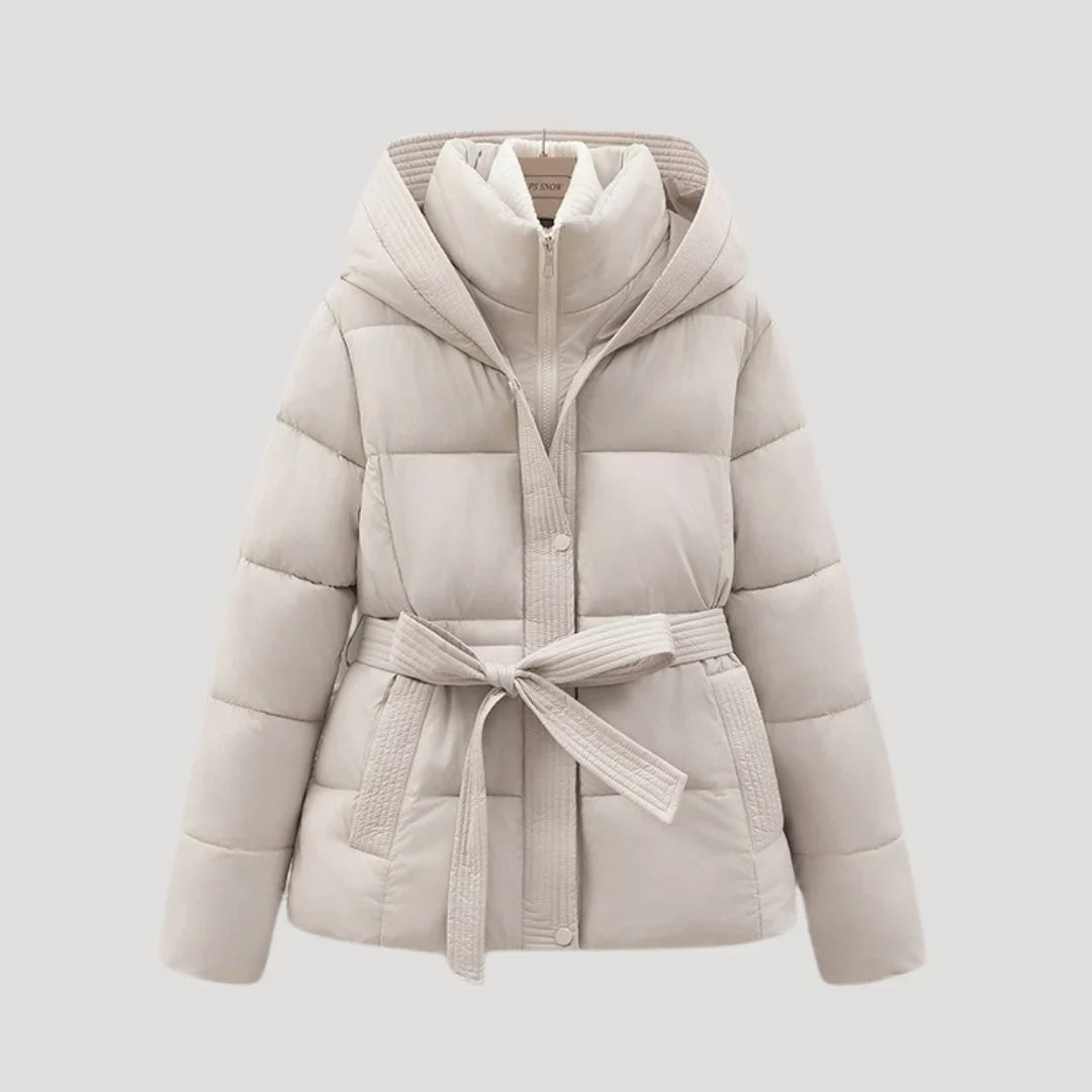 Women's Hooded Quilted Puffer Jacket with Belt and Zip Front