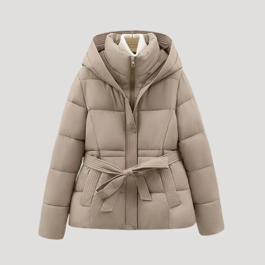 Women's Hooded Quilted Puffer Jacket with Belt and Zip Front