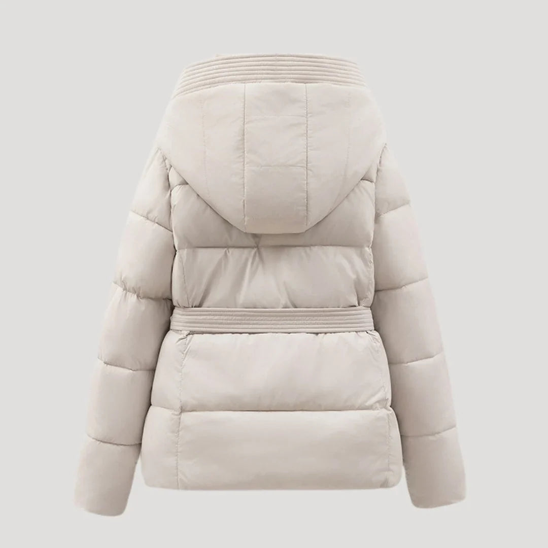 Women's Hooded Quilted Puffer Jacket with Belt and Zip Front