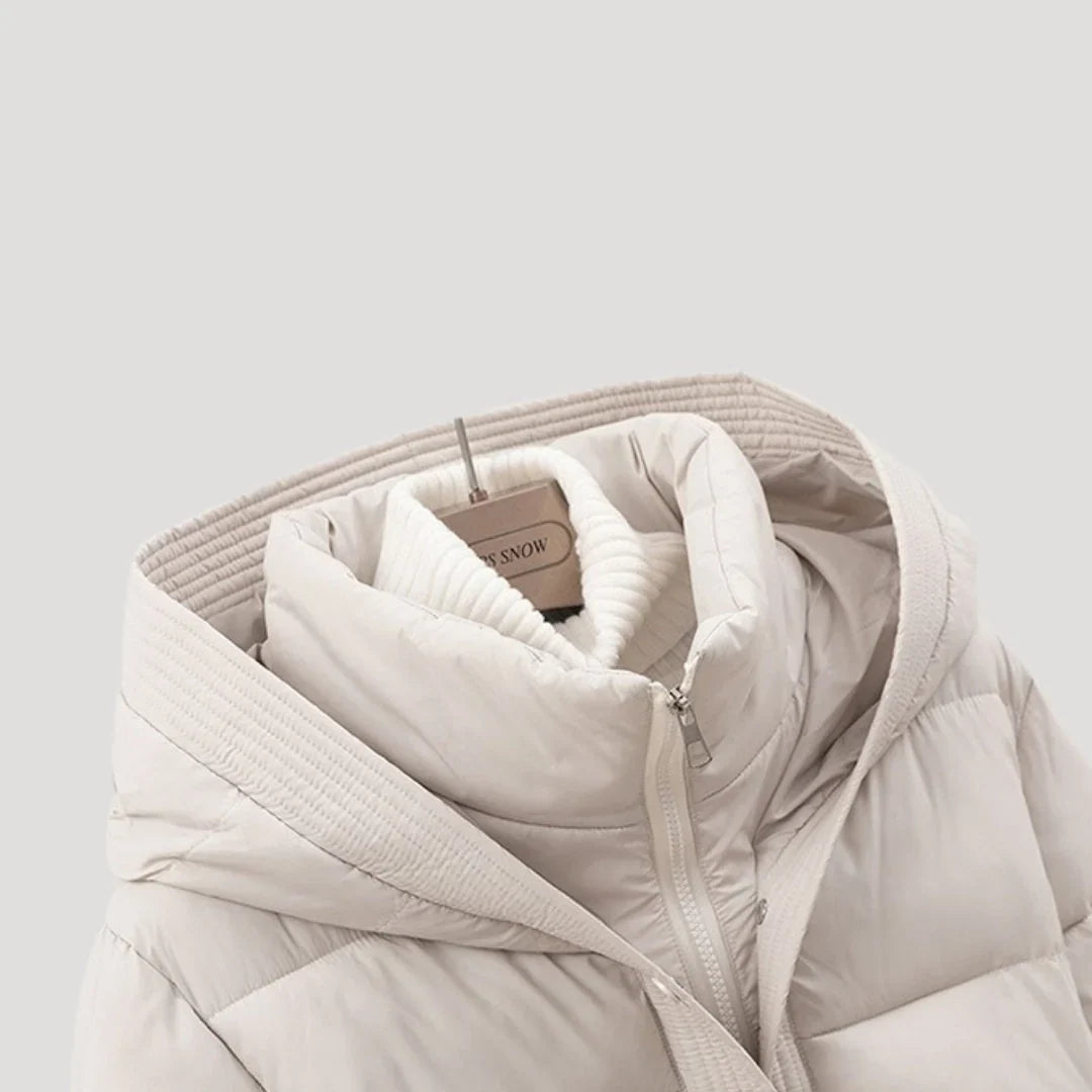 Women's Hooded Quilted Puffer Jacket with Belt and Zip Front