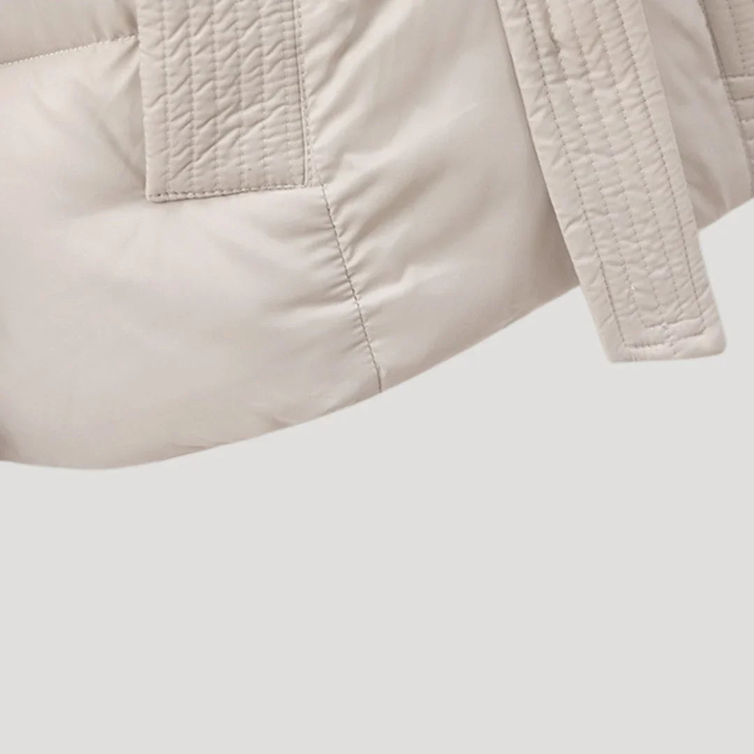 Women's Hooded Quilted Puffer Jacket with Belt and Zip Front