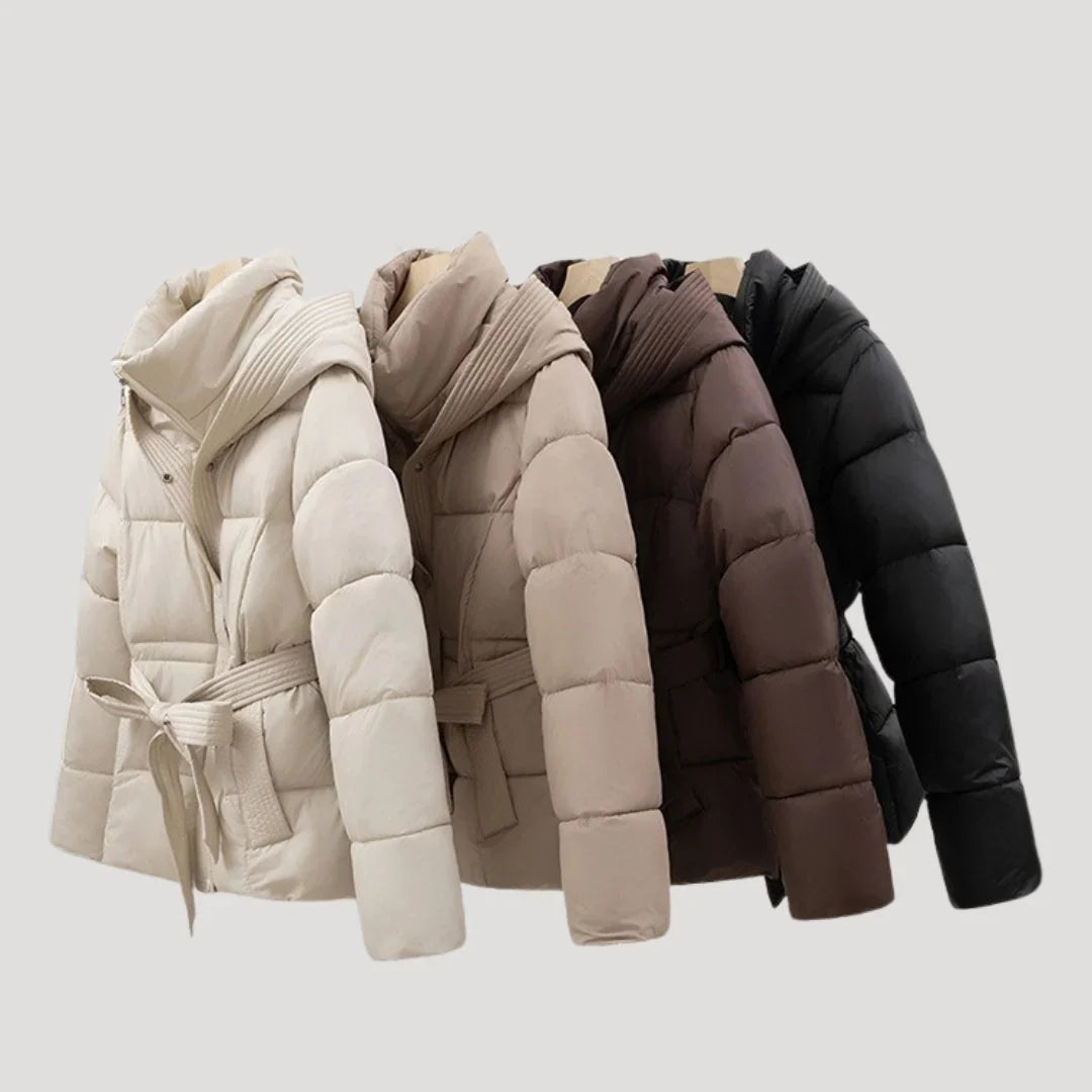 Women's Hooded Quilted Puffer Jacket with Belt and Zip Front