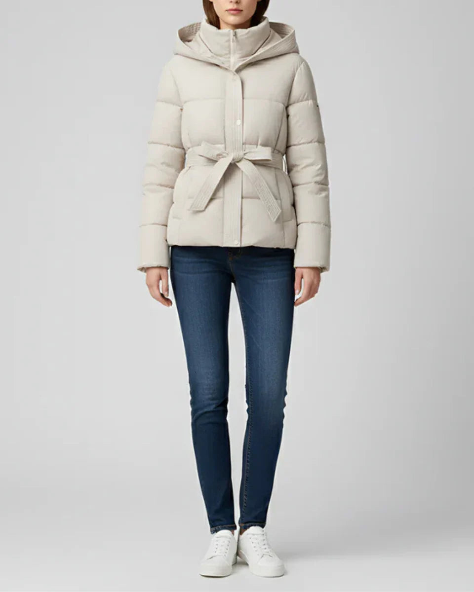 Women's Hooded Puffer Jacket with Belt and Ribbed Cuffs