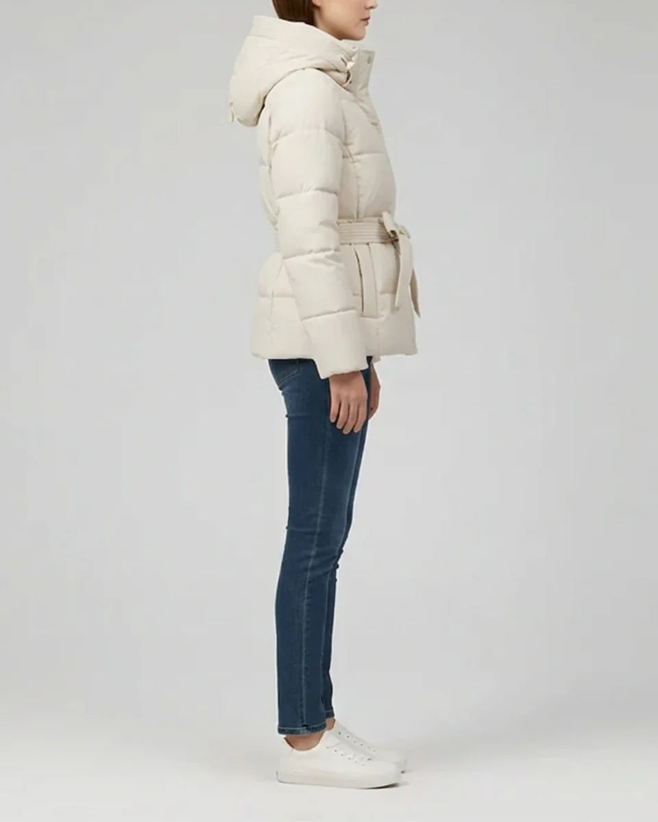 Women's Hooded Puffer Jacket with Belt and Ribbed Cuffs
