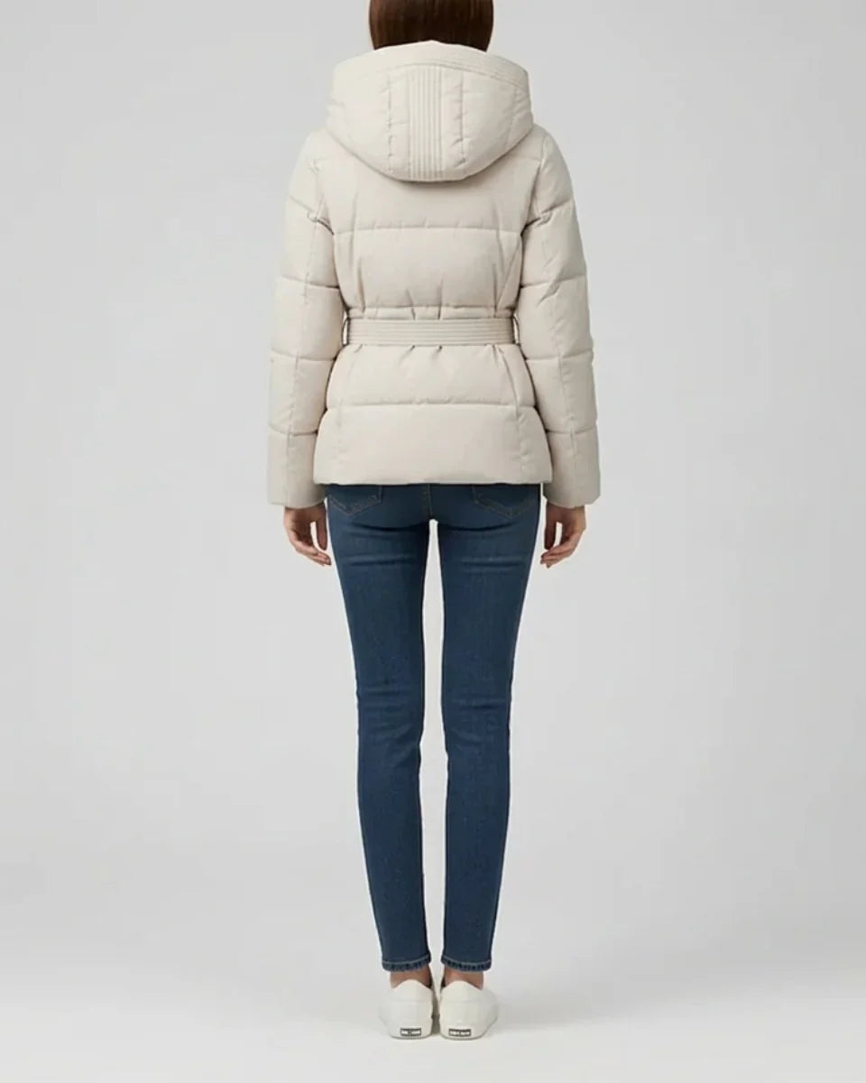 Women's Hooded Puffer Jacket with Belt and Ribbed Cuffs