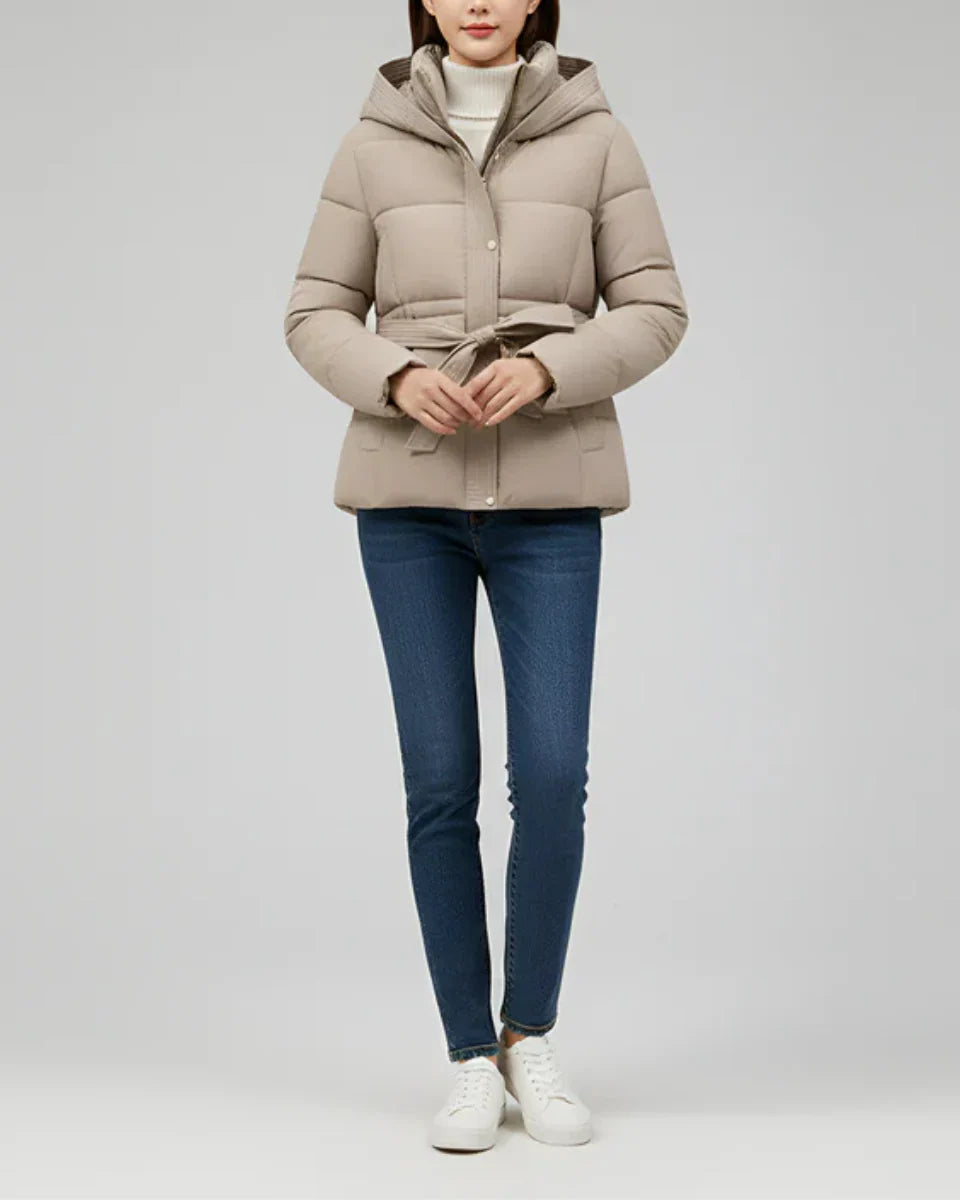 Women's Hooded Puffer Jacket with Belt and Ribbed Cuffs