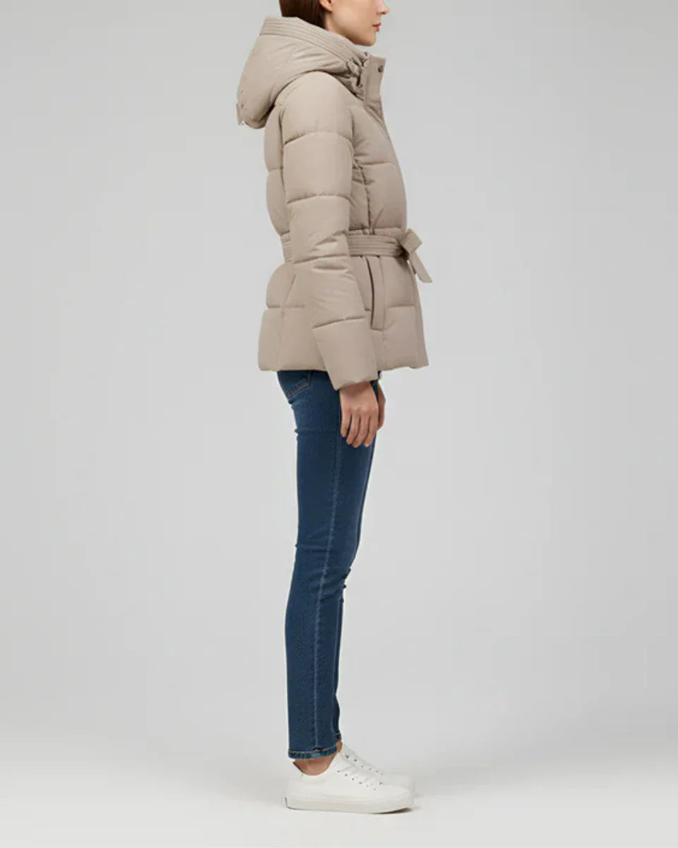 Women's Hooded Puffer Jacket with Belt and Ribbed Cuffs