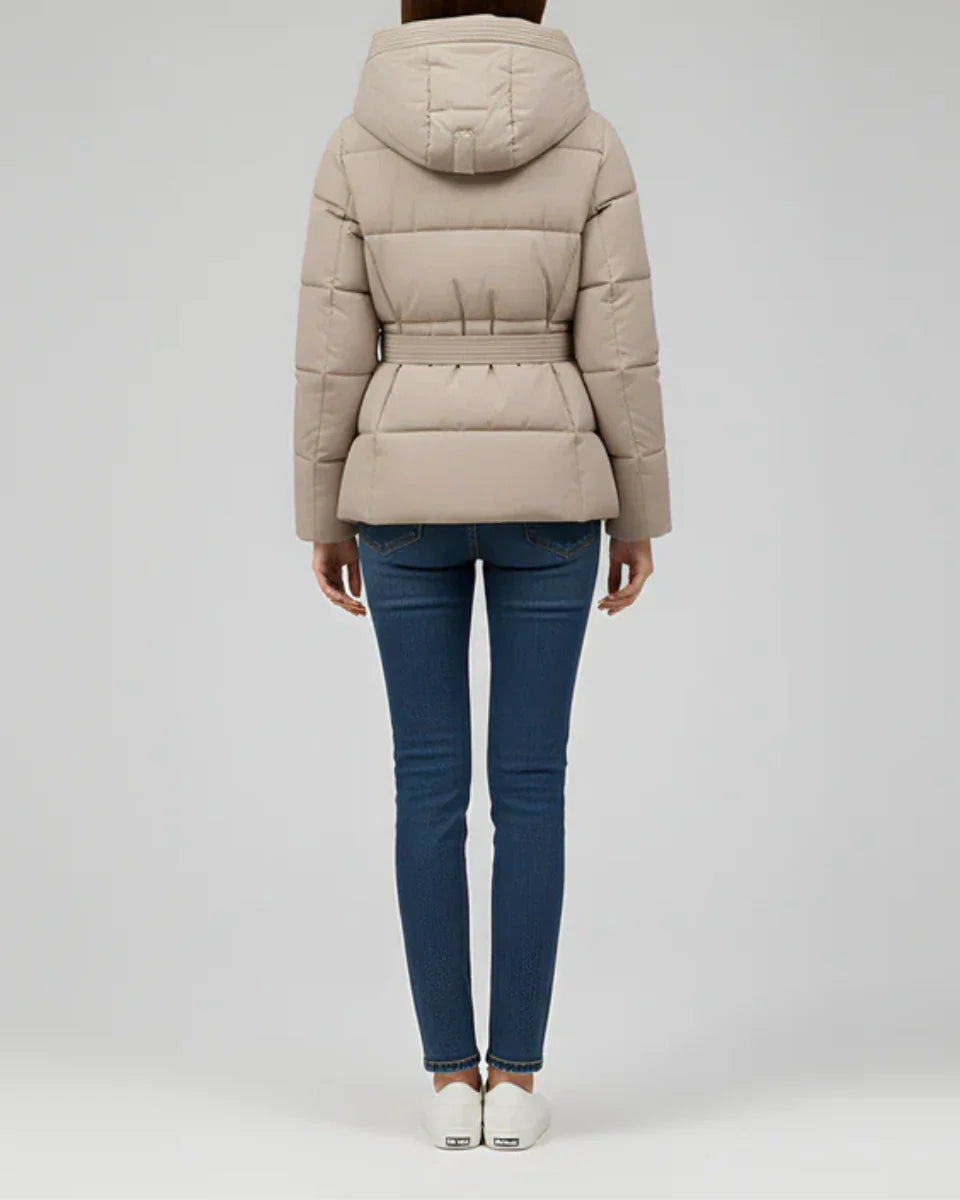 Women's Hooded Puffer Jacket with Belt and Ribbed Cuffs
