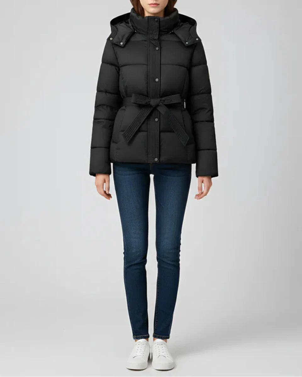 Women's Hooded Puffer Jacket with Belt and Ribbed Cuffs