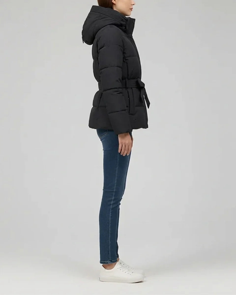 Women's Hooded Puffer Jacket with Belt and Ribbed Cuffs