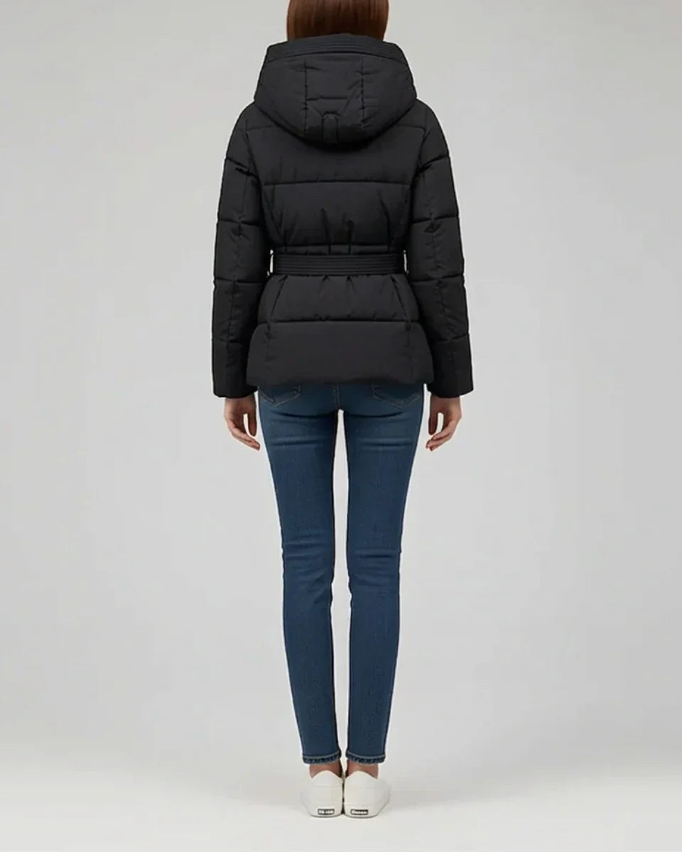 Women's Hooded Puffer Jacket with Belt and Ribbed Cuffs