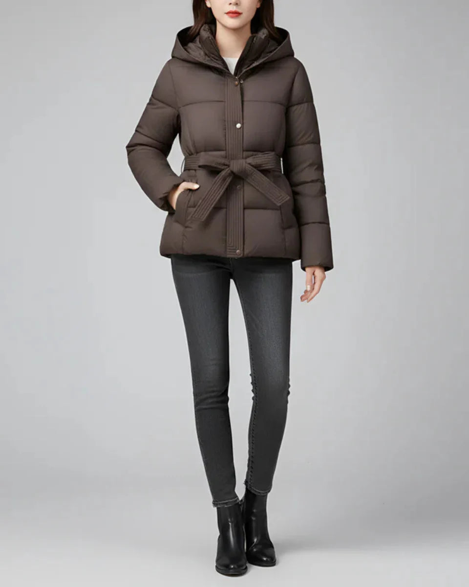 Women's Hooded Puffer Jacket with Belt and Ribbed Cuffs