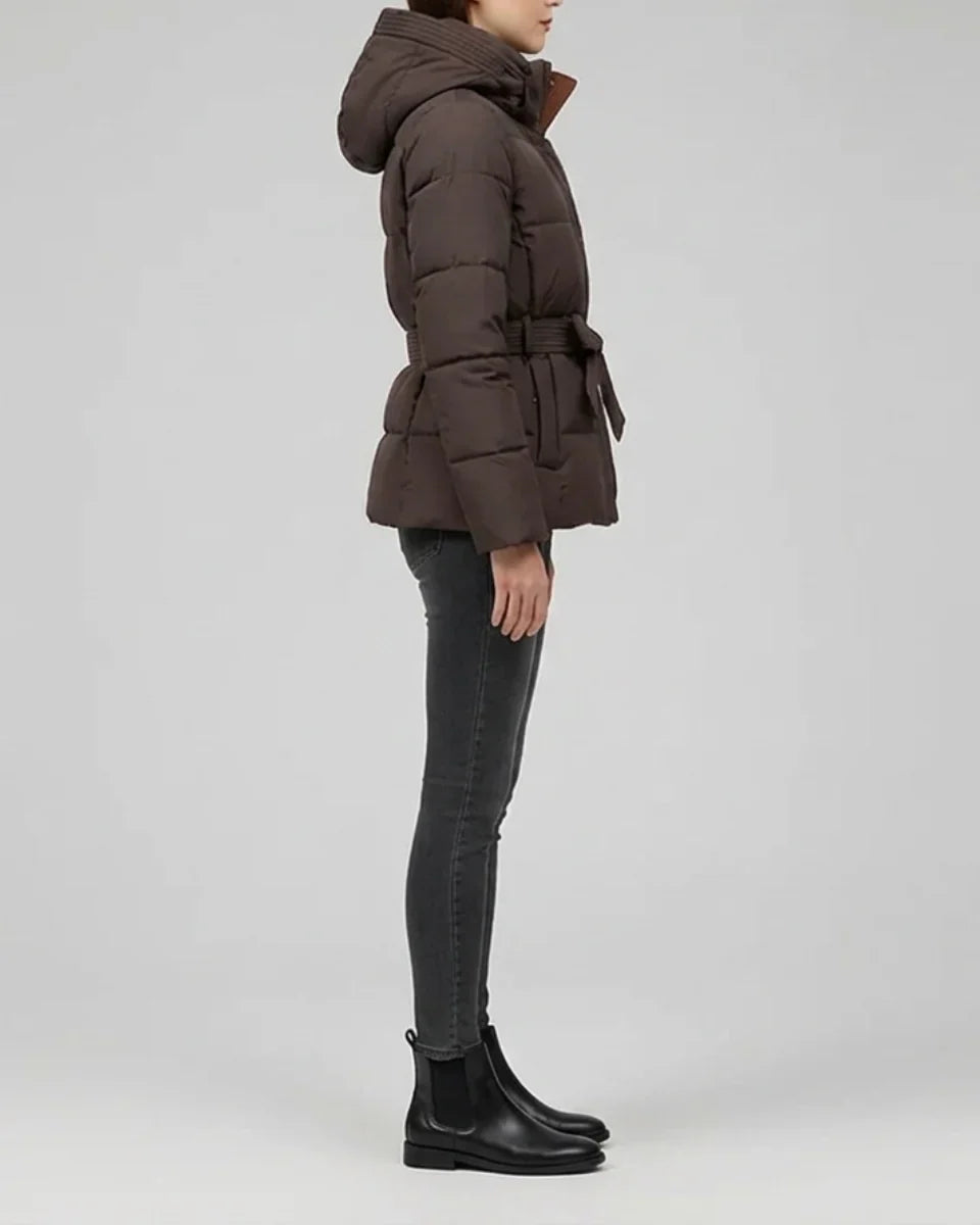 Women's Hooded Puffer Jacket with Belt and Ribbed Cuffs