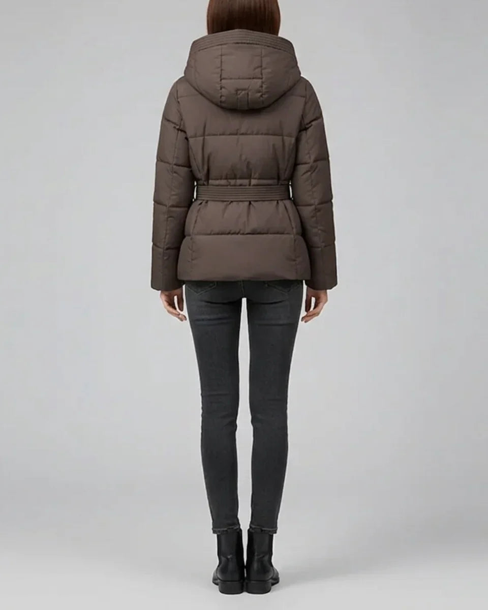 Women's Hooded Puffer Jacket with Belt and Ribbed Cuffs