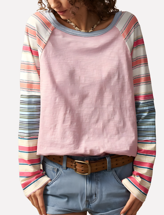 Women's Striped-Sleeve Raglan Top Pink