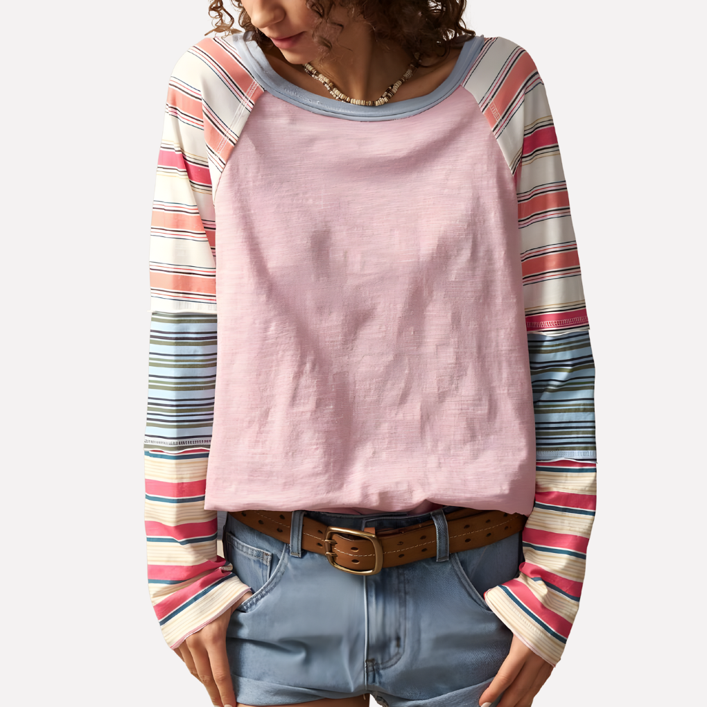 Women's Striped-Sleeve Raglan Top Pink