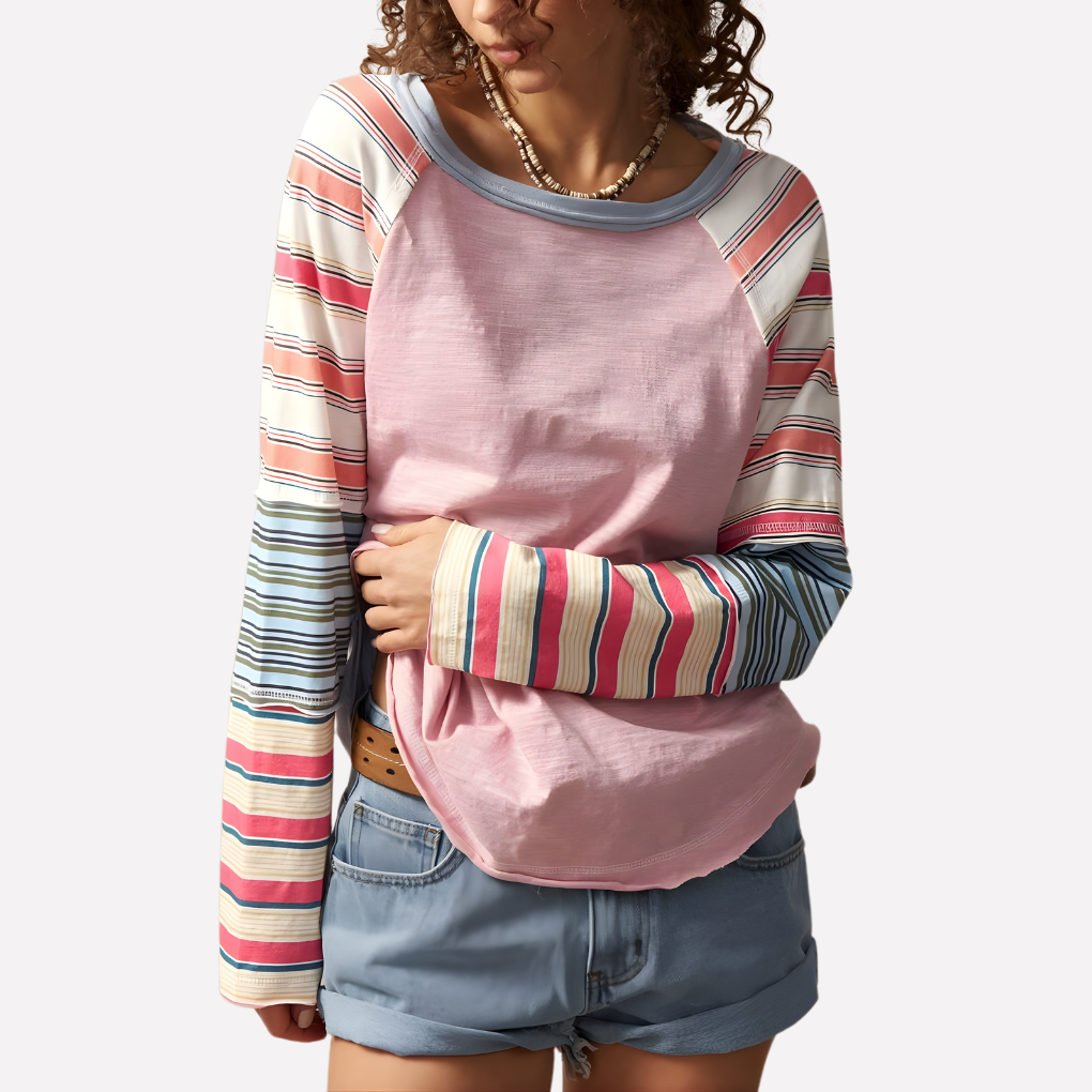 Women's Striped-Sleeve Raglan Top | Casual Lightweight Long Sleeve Top