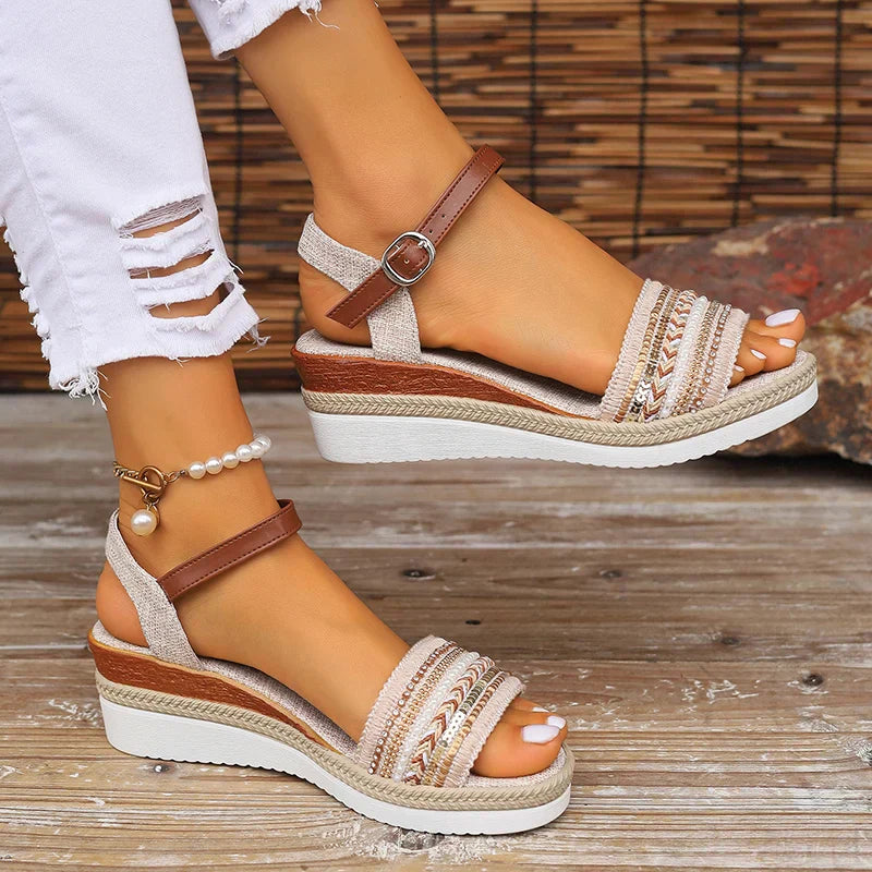 Women's Embellished Wedge Sandals Beige