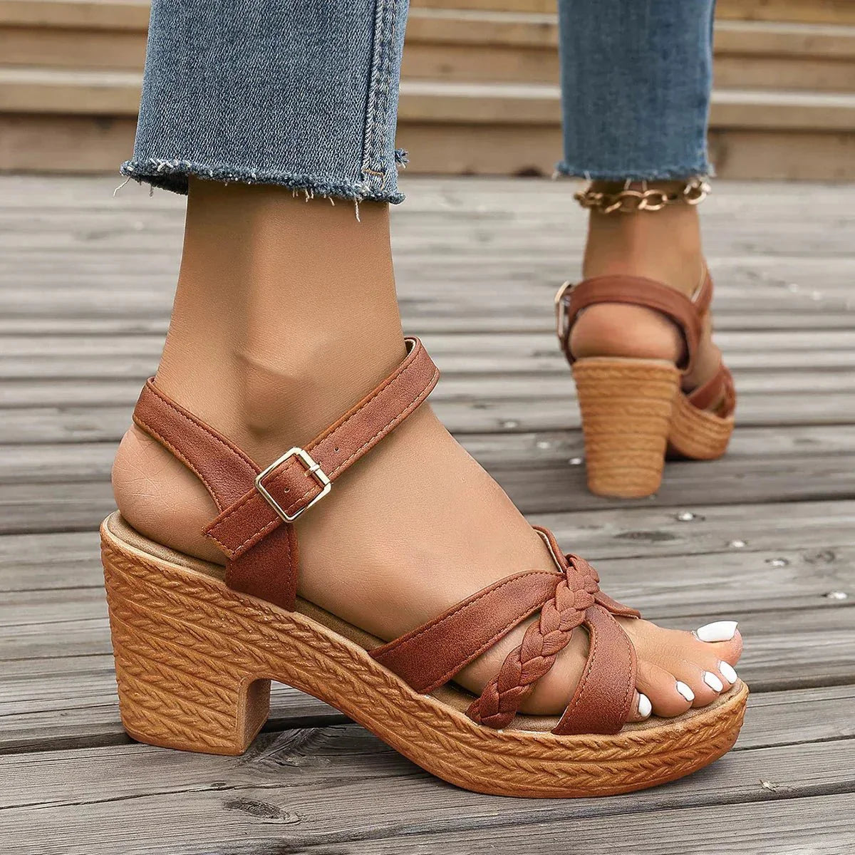Women's Braided Platform Sandals Brown