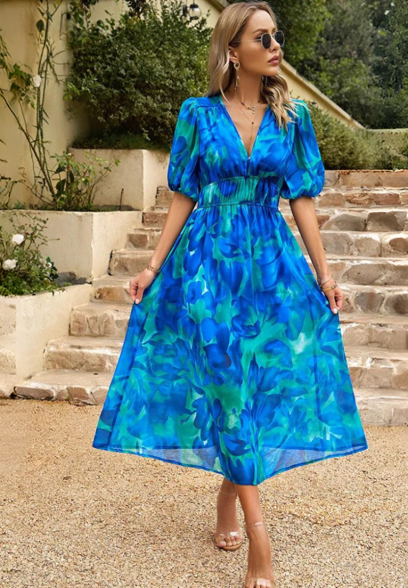 Women's Floral V-Neck Midi Dress | Elegant Flattering A-Line Dress