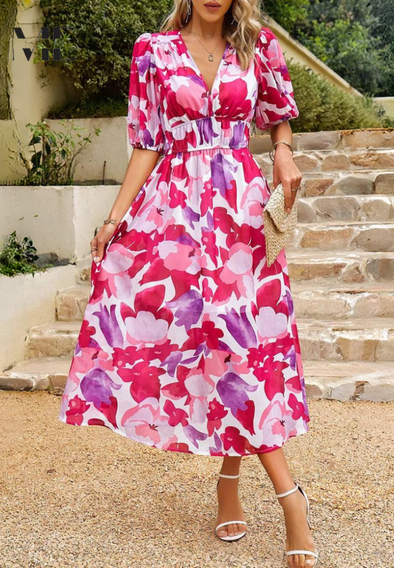 Women's Floral V-Neck Midi Dress | Elegant Flattering A-Line Dress