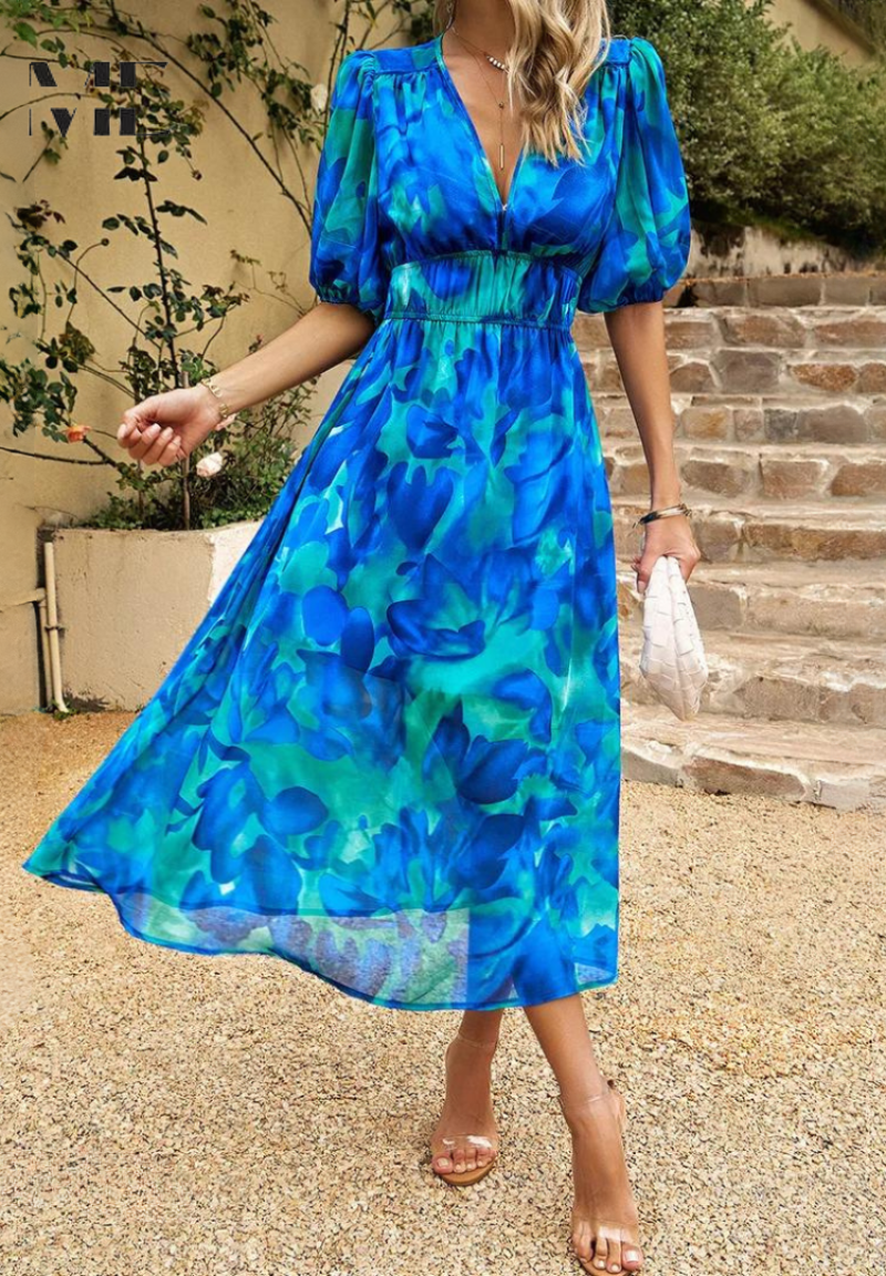 Women's Floral V-Neck Midi Dress | Elegant Flattering A-Line Dress