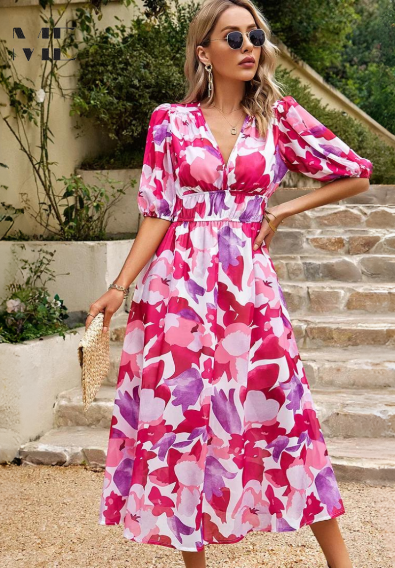 Women's Floral V-Neck Midi Dress | Elegant Flattering A-Line Dress