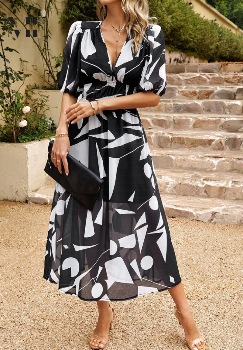Women's Floral V-Neck Midi Dress | Elegant Flattering A-Line Dress