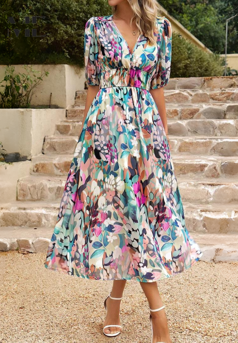 Women's Floral V-Neck Midi Dress | Elegant Flattering A-Line Dress